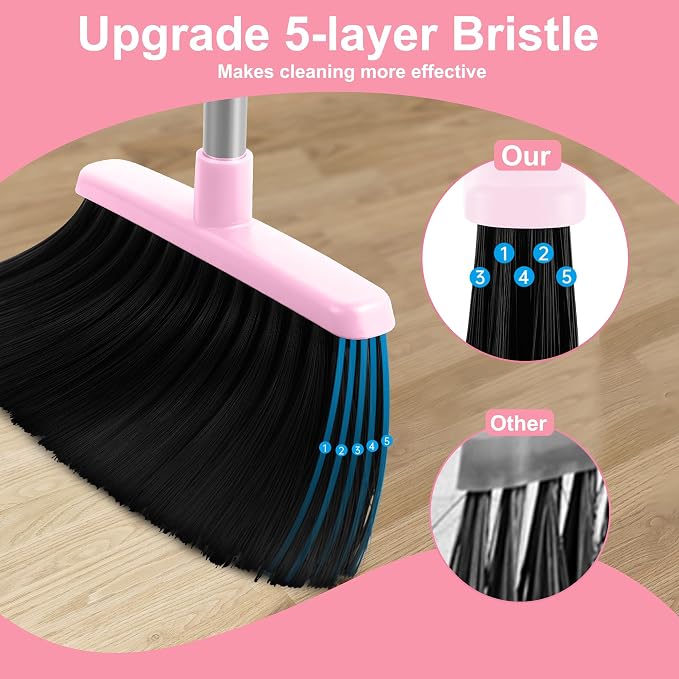 Pink Broom and Dustpan Set, 52” Long Adjustable Handle Broom - Image 5