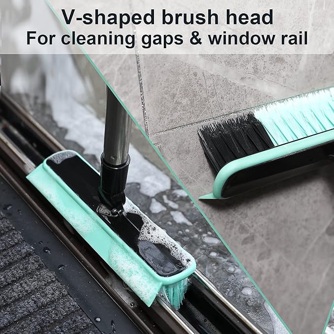 Grout Cleaner Brush with Long Handle, V-Shaped Floor Scrub Brush Swivel Grout - Image 6
