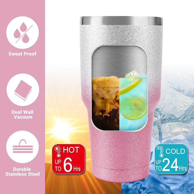 D·S 30 oz Tumbler Pink Glitter Gradient Cup Stainless Steel Double Wall Vacuum - Image 4