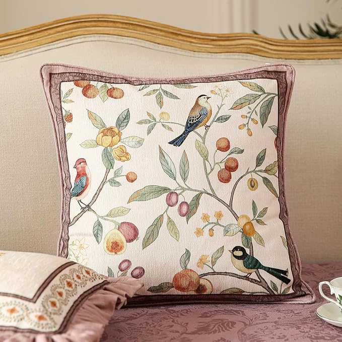 Square Pink Farmhouse Throw Pillow Covers, Birds and Flowers Pattern Cozy Velvet Pillowcases,Decoration Pillows Cushion Covers for Couch Sofa Bed Car Chair,18"x18"