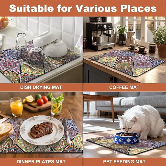 Yamaziot Boho Coffee Mat 12"x20", Floral Dish Drying Mat - Image 6