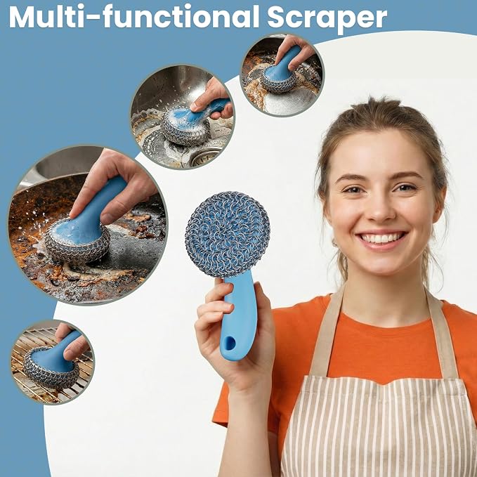 Cast Iron Scrubber with Long Handle | 316 Cast Iron Cleaner Chainmail Scrubber - Image 3