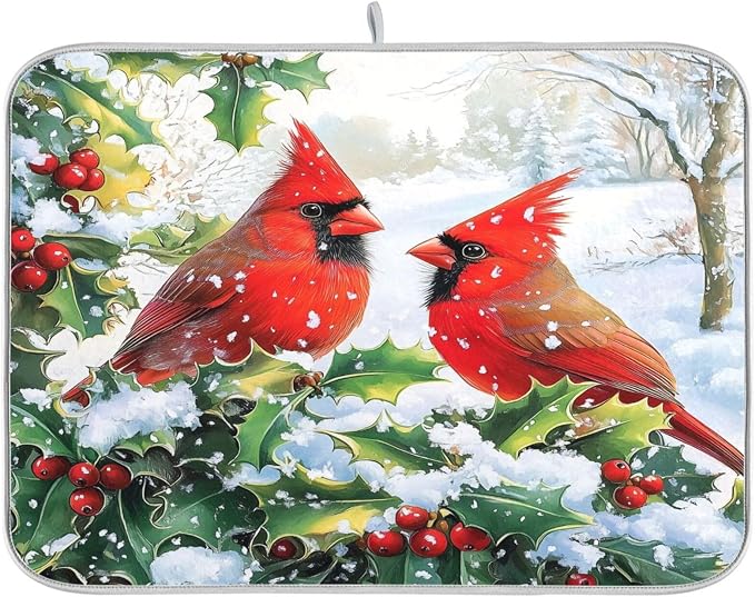 Red Cardinals Holly Bush Christmas Dish Drying Mat by BOENLE-WELCOMEYOURCOMING