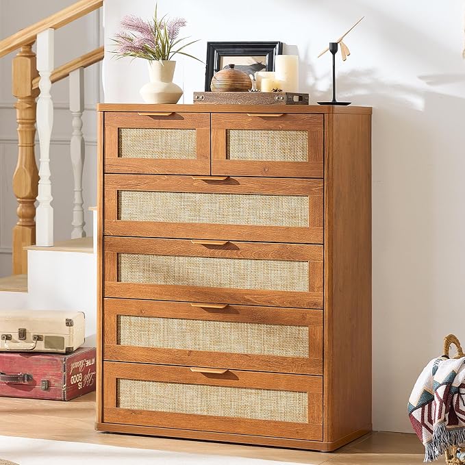 LEYAOYAO Rattan Dresser for Bedroom Set of 2, Modern 6 Drawers Boho Dressers - Image 8