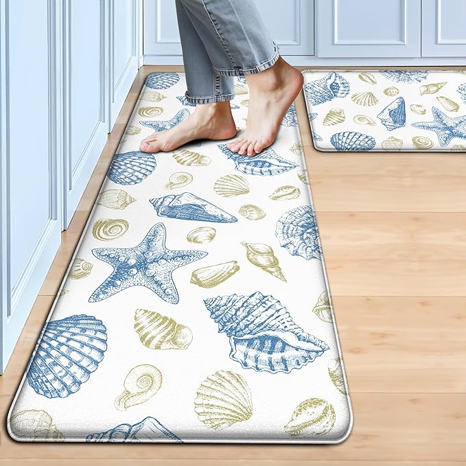 Kitchen Mats for Floor Cushioned Anti Fatigue Sets of 2 Beach Theme Kitchen Rugs Non Slip Waterproof Coastal Foam Kitchen Floor Rug Nautical Seashell Comfort Standing Mat for Sink Laundry, Blue