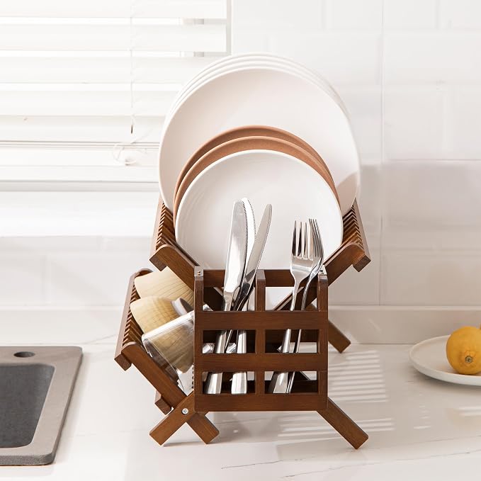 HBlife Dish Rack, Teak Folding 2-Tier Collapsible Drainer Dish Drying Rack - Image 6