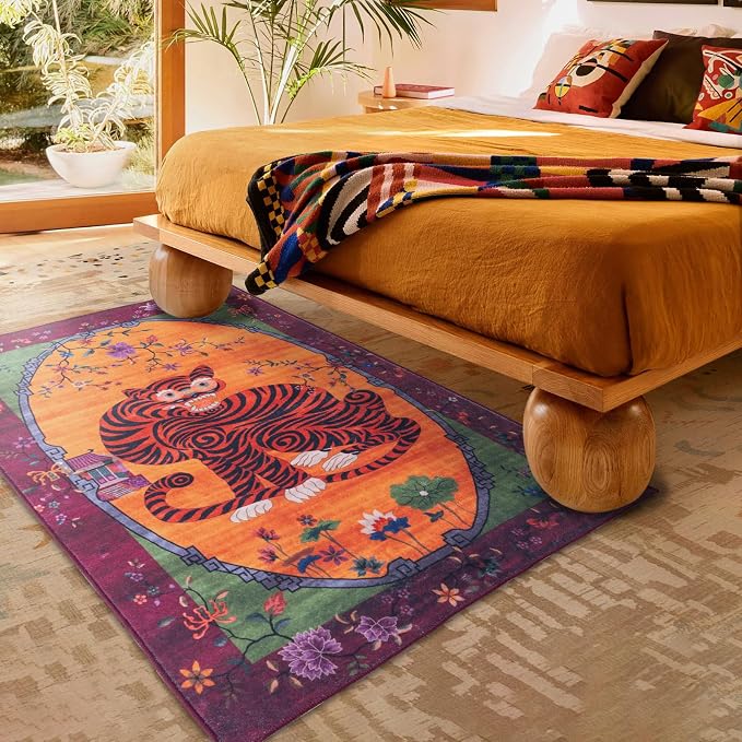 Tiger Rug Washable 4x6 ft Oriental Traditional Animal Print Vintage Fuchsia - Image 4