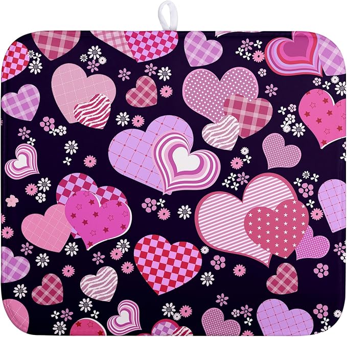 Valentine's Day Pink Love Heart Dish Drying Mat by Wnoesat