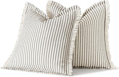 MIULEE Gray Pack of 2 Pillow Covers 18x18 Inch Striped Farmhouse Couch Throw Pillow Covers with Fringe Chic Linen Decorative Cushion Covers for Sofa Living Room Bed Outdoor Home Decor