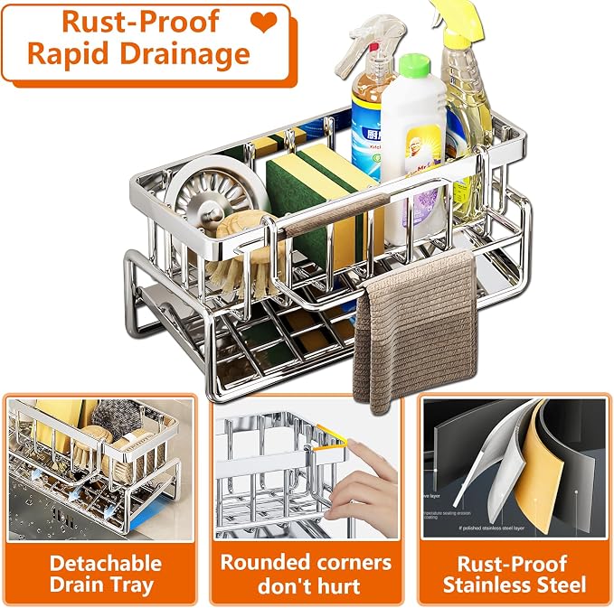 Sponge Holder for Kitchen Sink, Sink Caddy Organizers Stainless Steel, 30°Tilt - Image 6