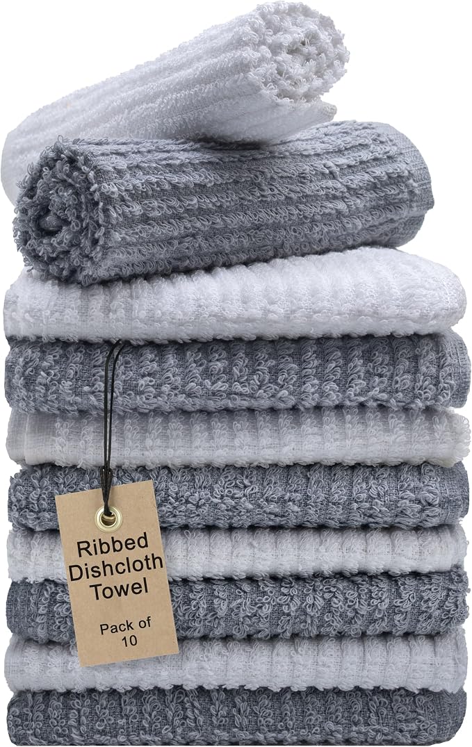 Textila Bar Mop Towels 12x12 Inch – White & Grey – Pack of 10 by TEXTILA