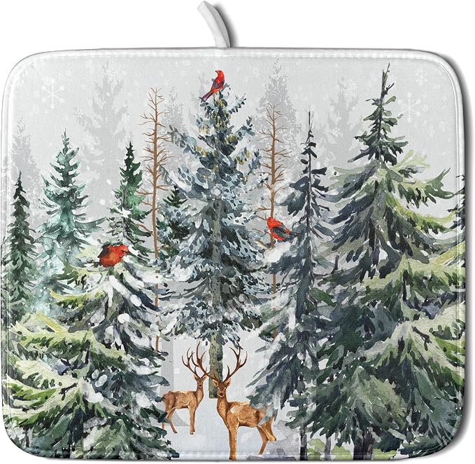 Pine Tree Dish Drying Mat for Kitchen Counter 16x18 Inch Forest Deer Absorbent by Giwawa