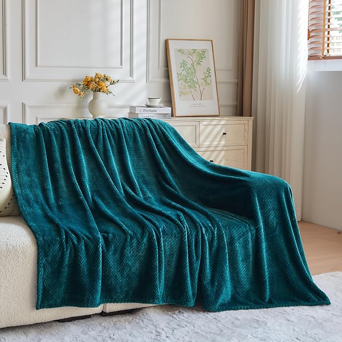 NEWCOSPLAY Super Soft Throw Blanket Dark Teal Premium Silky Flannel Fleece Leaves Pattern Lightweight Bed Blanket All Season Use (Dark Teal, Throw(50"x60"))