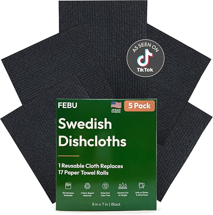 FEBU Swedish Dishcloths for Kitchen | 5 Pack Black Reusable Paper Towels by FEBU
