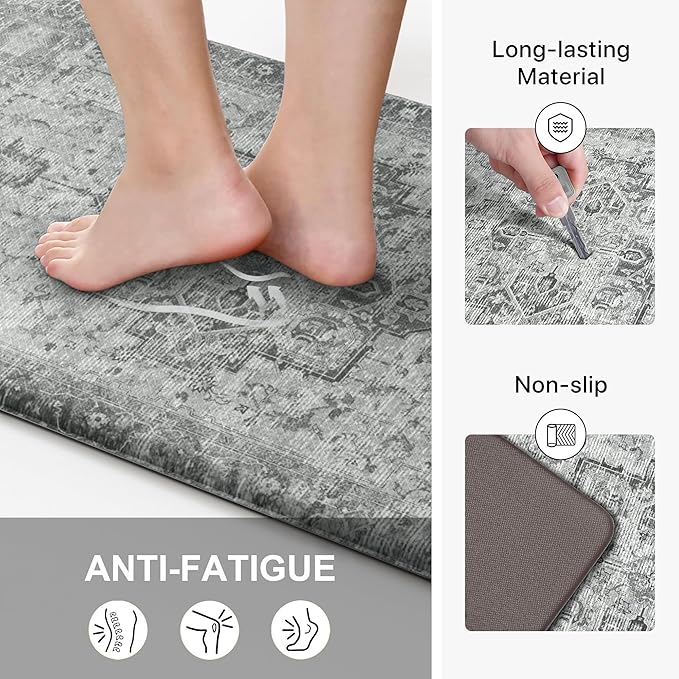 GENIMO Kitchen Mats for Floor 2PCs, Washable Anti Fatigue Mat for Cushioned, 17.3"x47"+17.3"x30", Waterproof Kitchen Rugs, Non Slip Standing Mat Rug for Home, Runner, Sink, Laundry, Vintage Grey