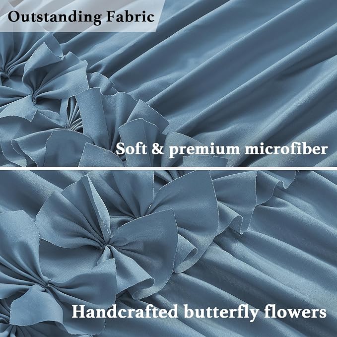 Dusty Blue Ruffle Shower Curtain, Vintage Handcrafted Bow Tie Bath Curtain - Image 5