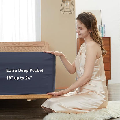 Sunflower Full Fitted Sheet, 1-Piece Extra Deep Pocket Fitted Bottom Sheet 22", 100% Cotton Sateen Soft Breathable, Blue Indigo