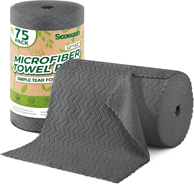 Microfiber Cleaning Cloths Roll, 75 Pack Tear Away Microfiber Towels Roll by SOOWASH