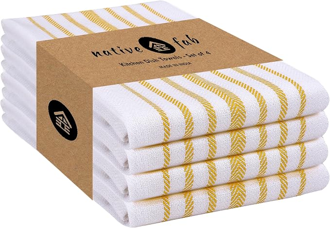 Native Fab Yellow Stripe Kitchen Dish Towels 16"x26" Set of 4 by NativeFab