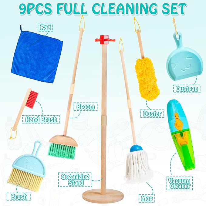 Kids Cleaning Set with Electric Vacuum Cleaners, Wooden Pretend Play - Image 2