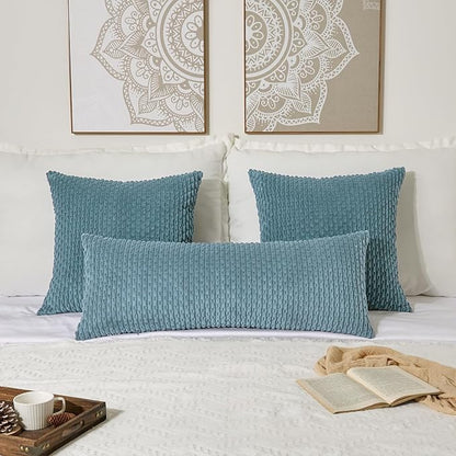 Kevin Textile 14x36 Inch Long Lumbar 1 Pack Boho Decorative Throw Pillow Cover Soft Striped Corduroy Rectangle Cushion Case Farmhouse Solid Color Accent for Living Room Couch Sofa Bed, Blue Grey