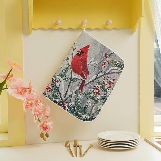 Christmas Dish Drying Mats 18x24 Inch Snow Red Bird Drying Mats Xmas Farmhouse - Image 4