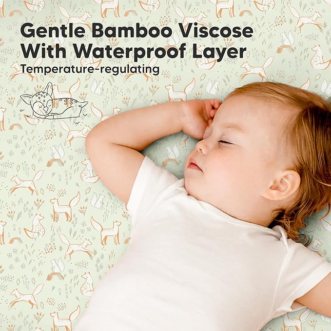 2-Pack Waterproof Pack and Play Sheets, Mini Crib Sheets Fitted for Boy, Girl - 38 x 26 Viscose from Bamboo Pack N Play Mattress Sheets for Graco, Toddler Playard Baby Crib Sheets Neutral (Foxtrot)