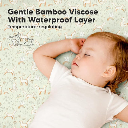 2-Pack Waterproof Pack and Play Sheets, Mini Crib Sheets Fitted for Boy, Girl - 38 x 26 Viscose from Bamboo Pack N Play Mattress Sheets for Graco, Toddler Playard Baby Crib Sheets Neutral (Foxtrot)