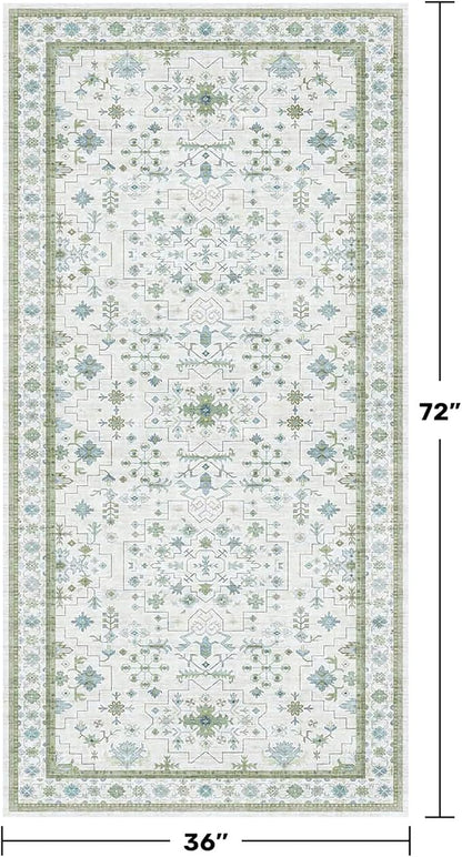 Blue and Green Washable Rugs 3x6 - Vintage Boho Floral Pastel Cream, Washable Low Pile Non Slip Small Throw Accent Area Rug for Entry Way, Laudry Room, Kitchen, Bedroom Beside Bed Decor