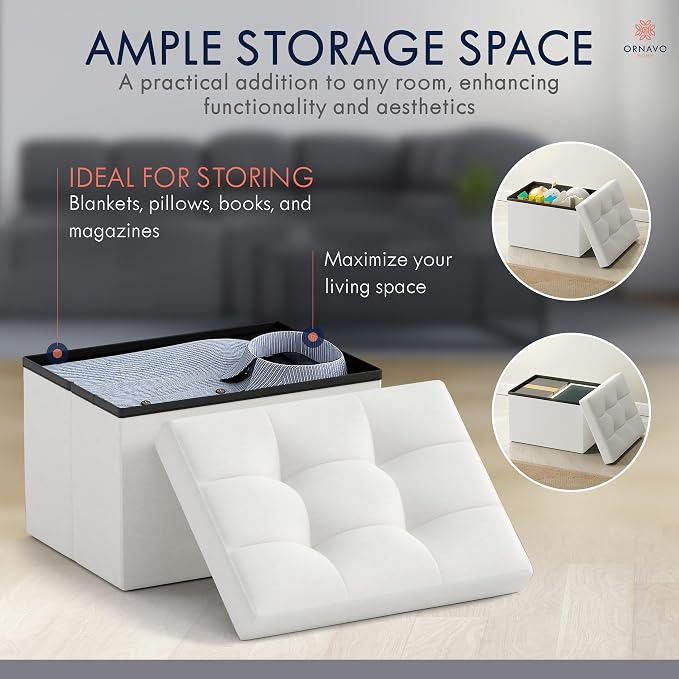 Ornavo Home Small Storage Ottoman Foldable Collapsible Rectangle Linen Ottoman - Image 4