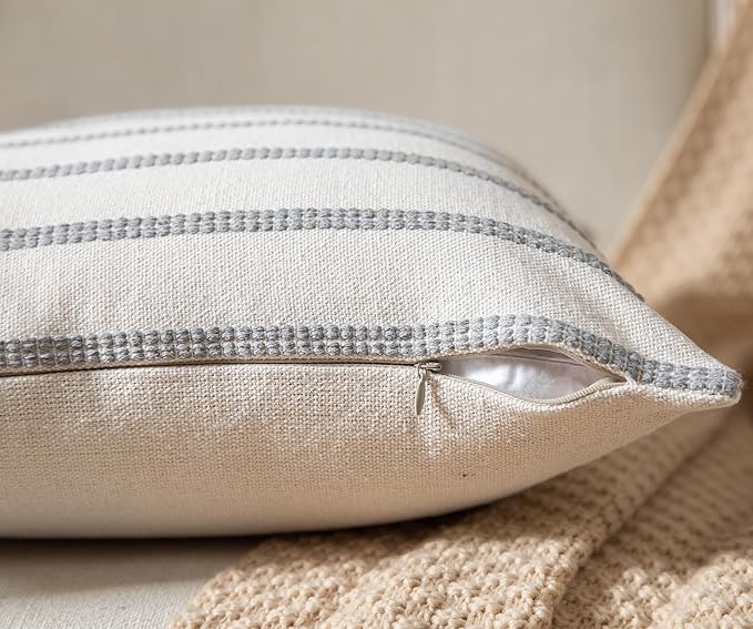 Caflife Boho Throw Pillow Covers 20x20 Set of 2 Soft Farmhouse Decorative Couch Pillow Cases Grey Striped Pillow Covers Neutral Cushion Covers for Sofa Bed Living Room Home Decor