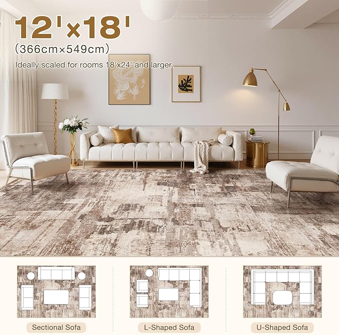 Abstract Living Room Rug 12x18 - Modern Washable Soft Thin Area Rug for Living Room Bedroom Under Dining Table - Neutral Indoor Floor Rug Carpets for Home Office Playroom Nursery - Brown
