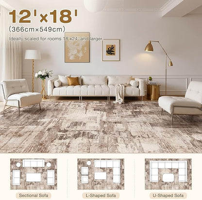 Abstract Living Room Rug 12x18 - Modern Washable Soft Thin Area Rug for Living Room Bedroom Under Dining Table - Neutral Indoor Floor Rug Carpets for Home Office Playroom Nursery - Brown