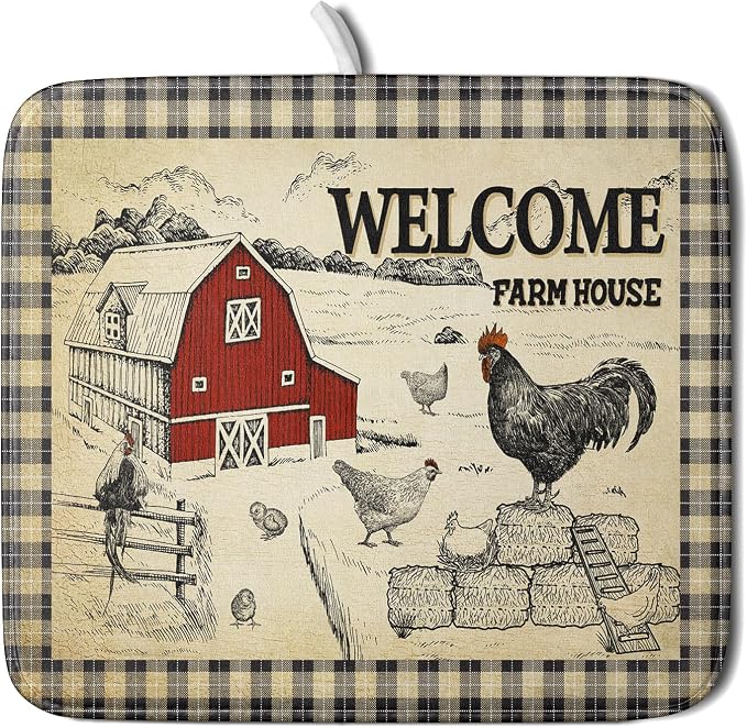Farmhouse Rooster Dish Drying Mat 16x18 Inch Country Chicken Absorbent Dish by Giwawa