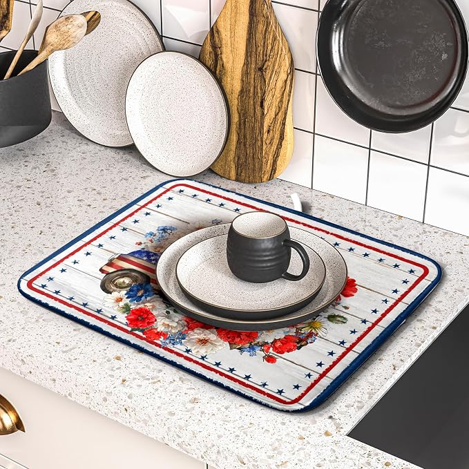 American Flag Dish Drainer Mat Flowers Absorbent Dish Rack Pad - Image 5