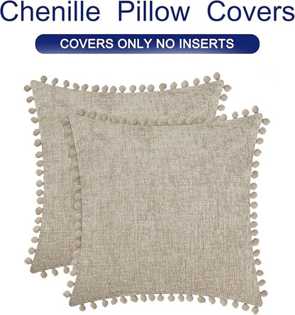 CaliTime Throw Pillow Covers Decorative 16 X 16 Inches Pack of 2 Cozy Solid Dyed Soft Chenille Cushion Cases with Pom Poms for Couch Sofa Bed Living Room Home Taupe