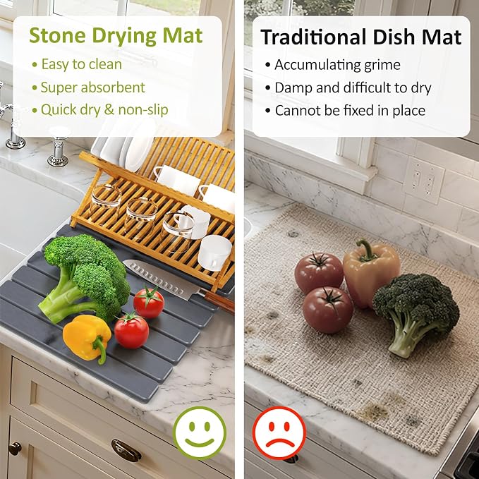 Large Stone Dish Drying Mat for Kitchen Counter, Collapsible Quick Dry Stone - Image 6