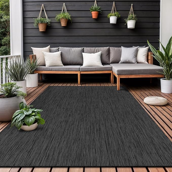Washable Indoor Outdoor Rug 10x14 Weather Resistant Area Rugs Modern Solid for Porch Deck Balcony Backyard Patio Outside Carpet (10 X 14 Dark Grey)