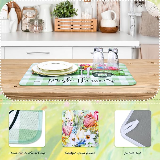 2 Pcs Dish Drying Mat for Kitchen, Spring Floral Absorbent Microfiber Dish Mat - Image 3