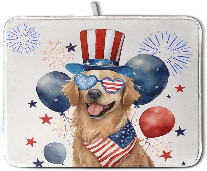 4th of July Patriotic Dog Dish Drying Mat 16 x 18 Inch US Independence Day Blue by Kwlegh