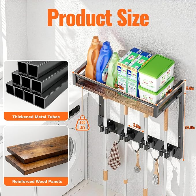 Broom Holder Wall Mount with Shelf Load 66LBS Broom and Mop Organizer Wall - Image 2