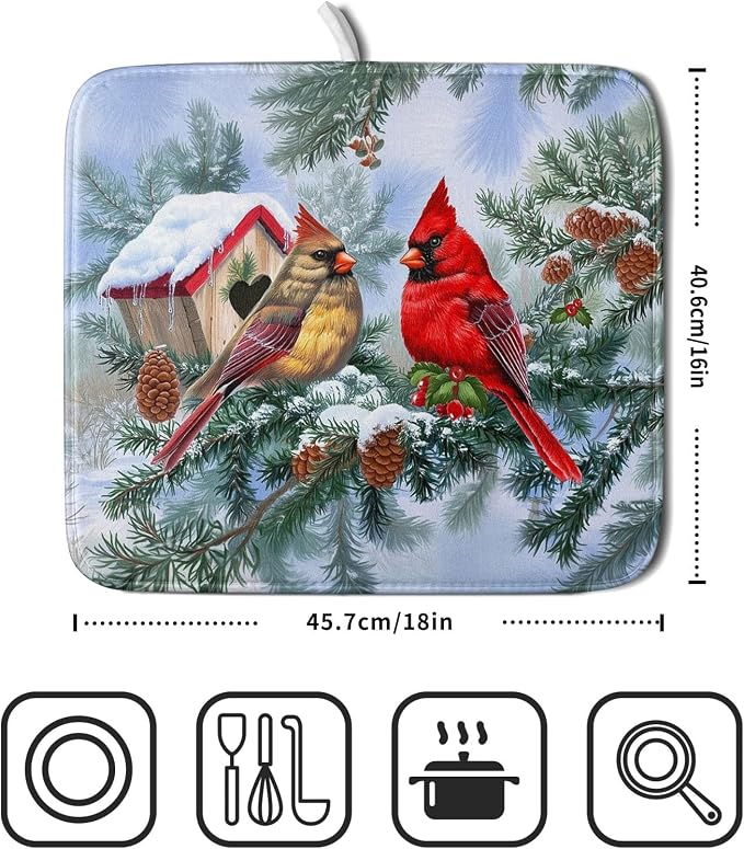 Winter Red Cardinal Bird Dish Drying Mat - Image 2