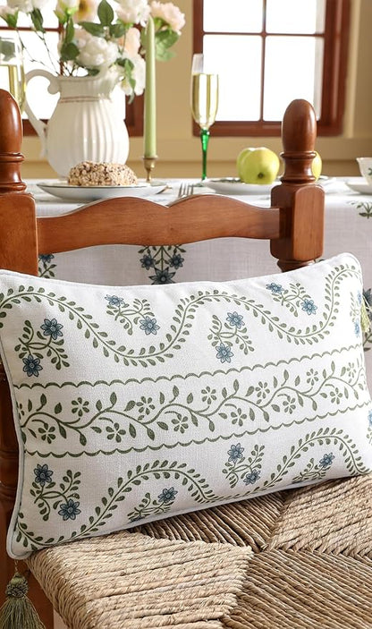 ISAENNE Design Fresh Linen Rectangle Throw Pillow Covers 12"x20", French White Cottage Cushion Covers with Green Branches Pattern Decoration Pillowcases for Bed,Living Room,Outdoor,Car