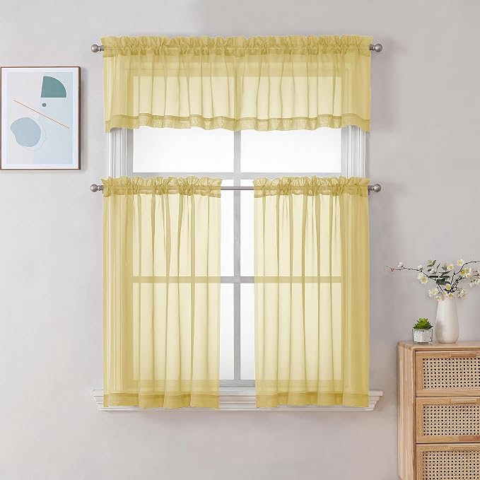 Chyhomenyc Sheer Yellow Tier Curtains 24 Inch Length, Small Window Curtains - Image 2