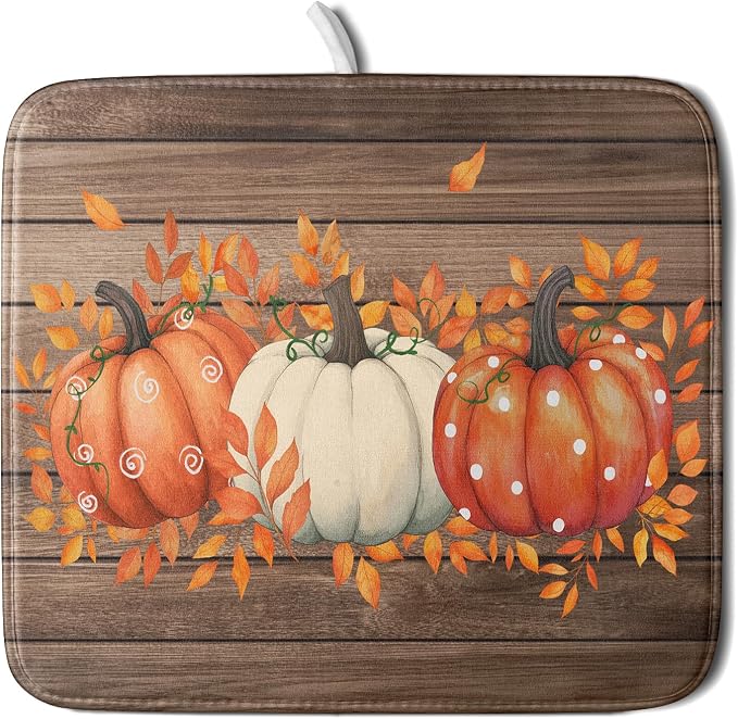 Autumn Pumpkin Dish Drying Mat Rustic Wood Dish Drainer Mats Fast Dry by Giwawa