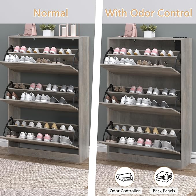 Shoe Cabinet with Odor Control and Back Panels, Deodorizing Slim 3-Flip Shoe - Image 5