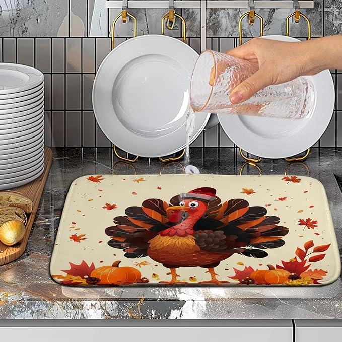 Thankgiving Dish Drying Mat for Kitchen Counter 16x18 Inch Fall Orange Turkey - Image 5