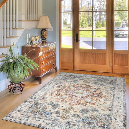 Area Rug 3×5, Vintage Boho Rug,Ultra-Soft Low Pile, Washable, Non Slip,Stain Resistant Printed Carpet for Living Room Bedrooms Playroom Office Kitchen, Blue/Red