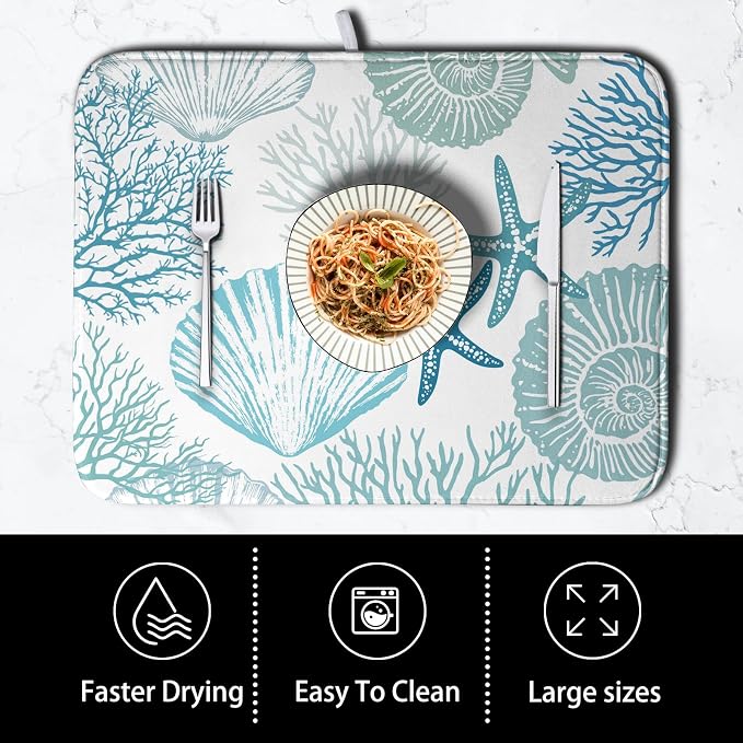 Summer Teal Dish Drying Mat for Kitchen Counter Nautical Coastal Blue Dishes - Image 4