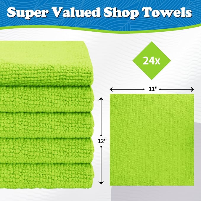 FIXSMITH Microfiber Cleaning Cloth, Shop Towels Bulk, 24 Pack Green Microfiber - Image 2